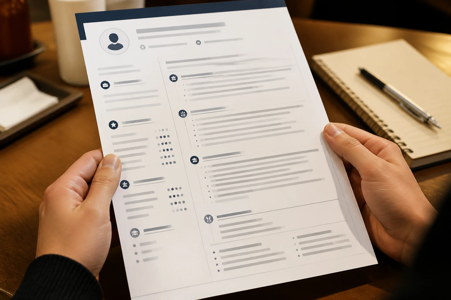 Hands holding a resume page with unreadable text, emphasize quick skim concept