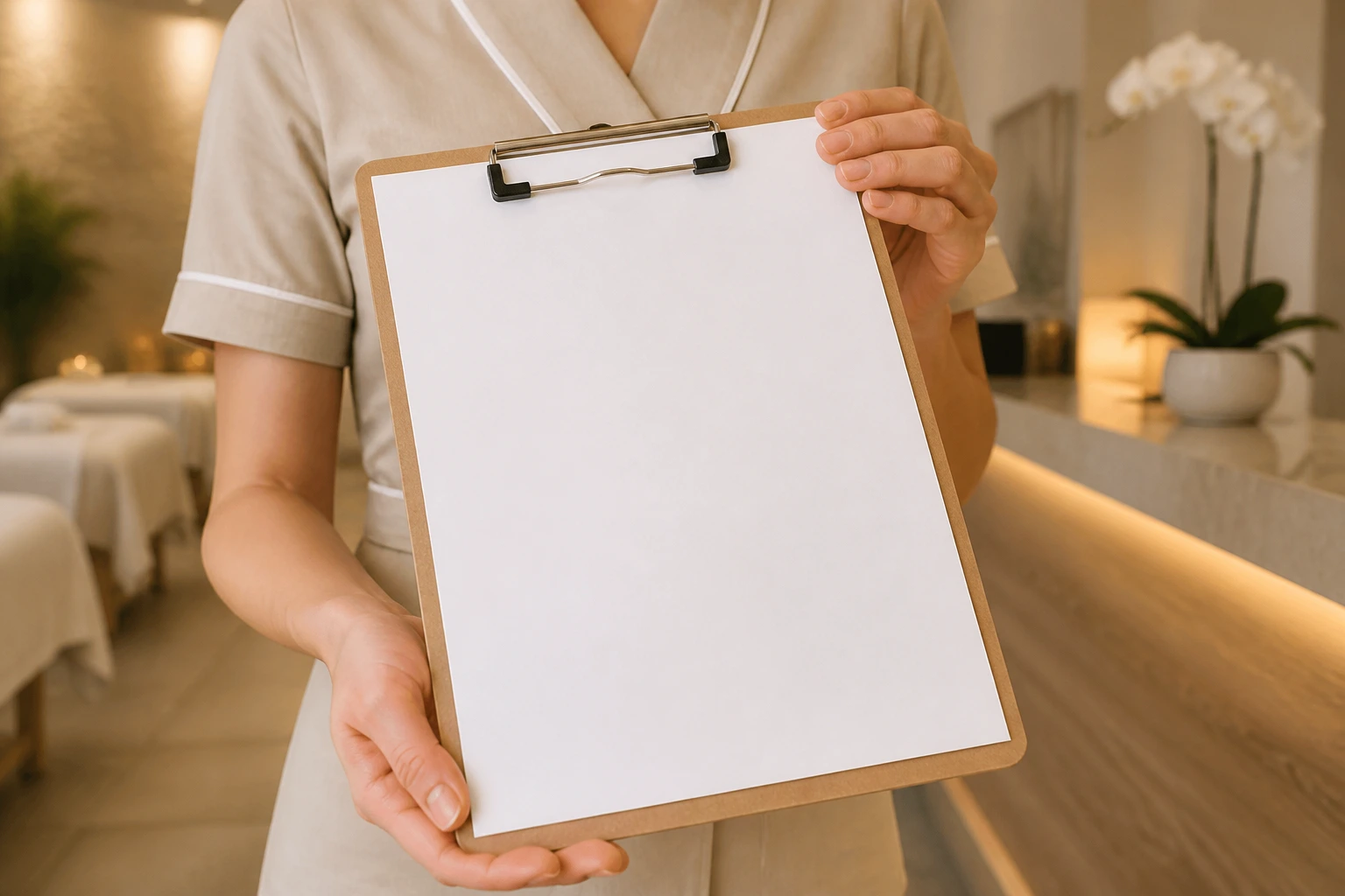 Hands presenting a clean resume on a clipboard in a spa reception