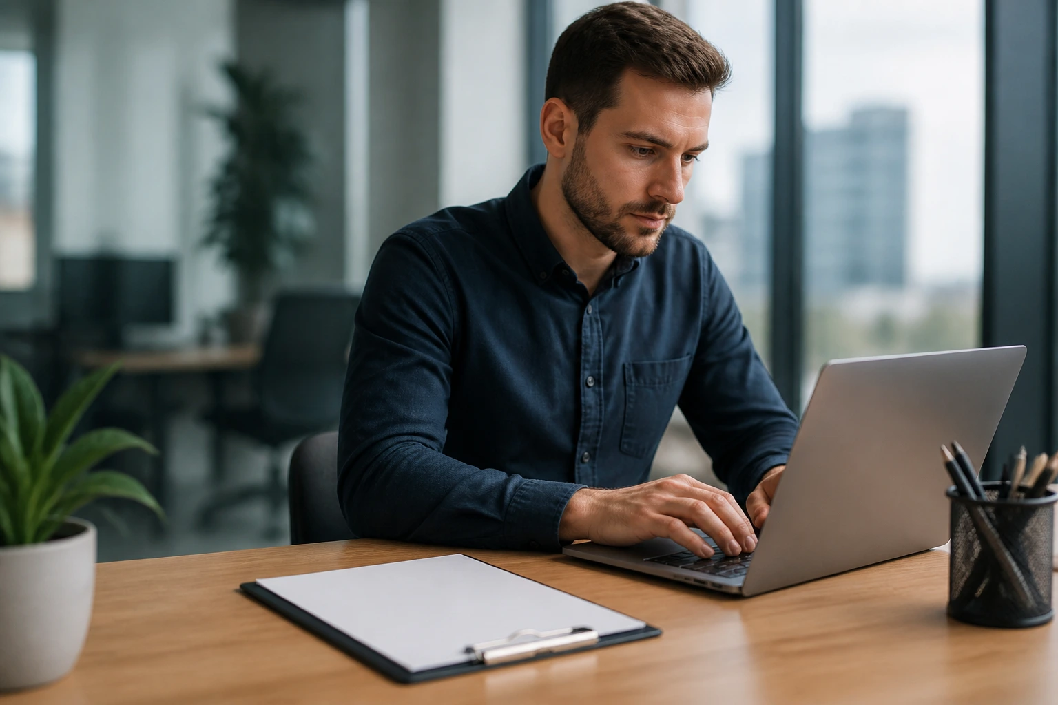 Applicant typing on a laptop at a neat desk with blank clipboard in foreground