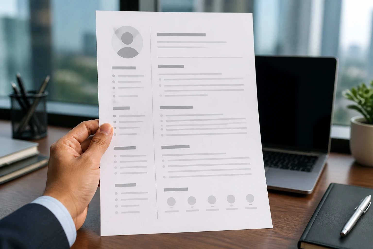 Close-up of a blank resume page with abstract section placeholders in a modern office.