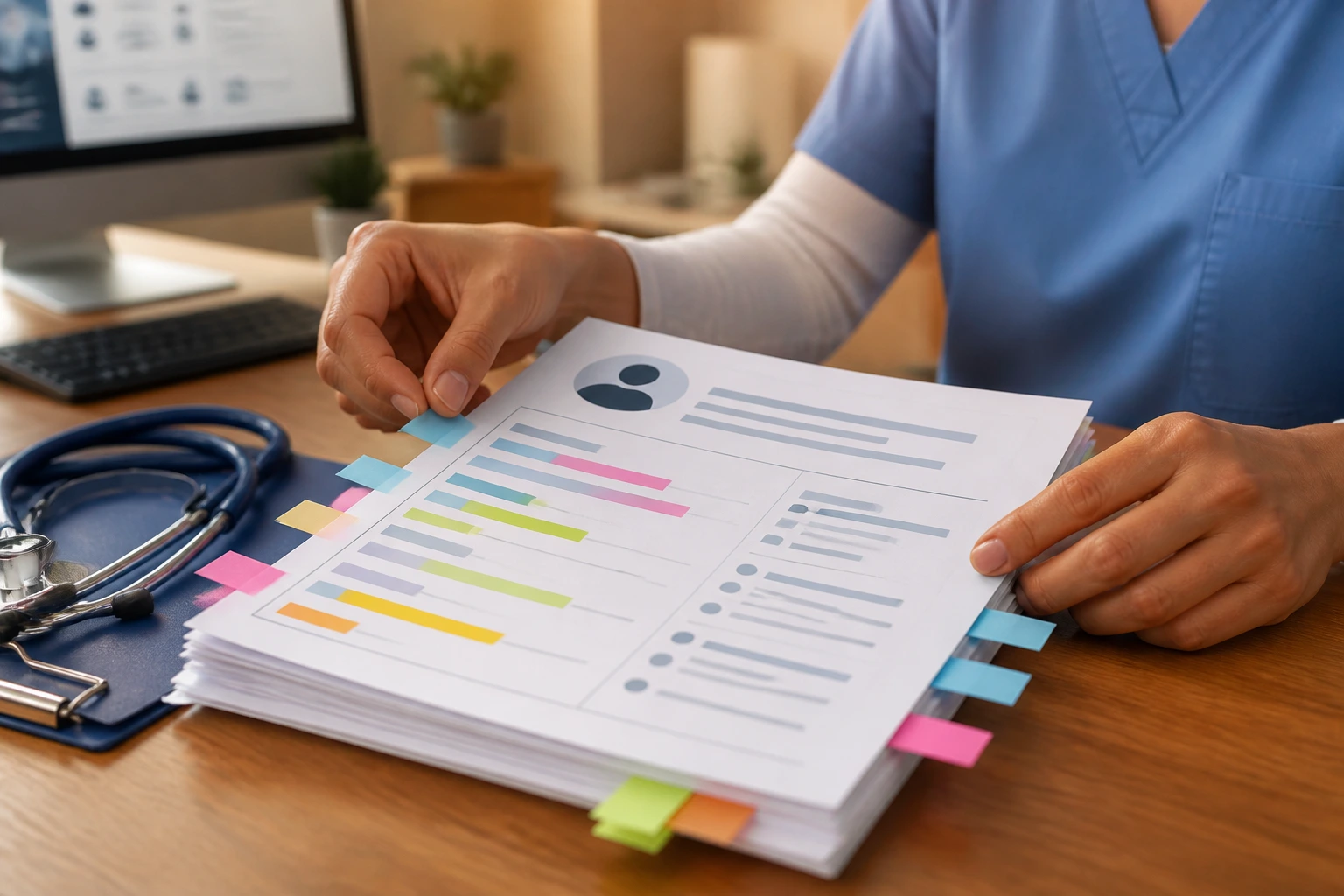 Close-up of a person organizing a resume with color-coded sticky tabs at a desk.