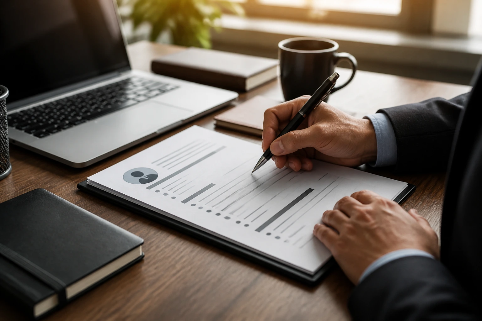 Close-up of a professional's hands drafting a sponsorship-friendly resume concept on a desk