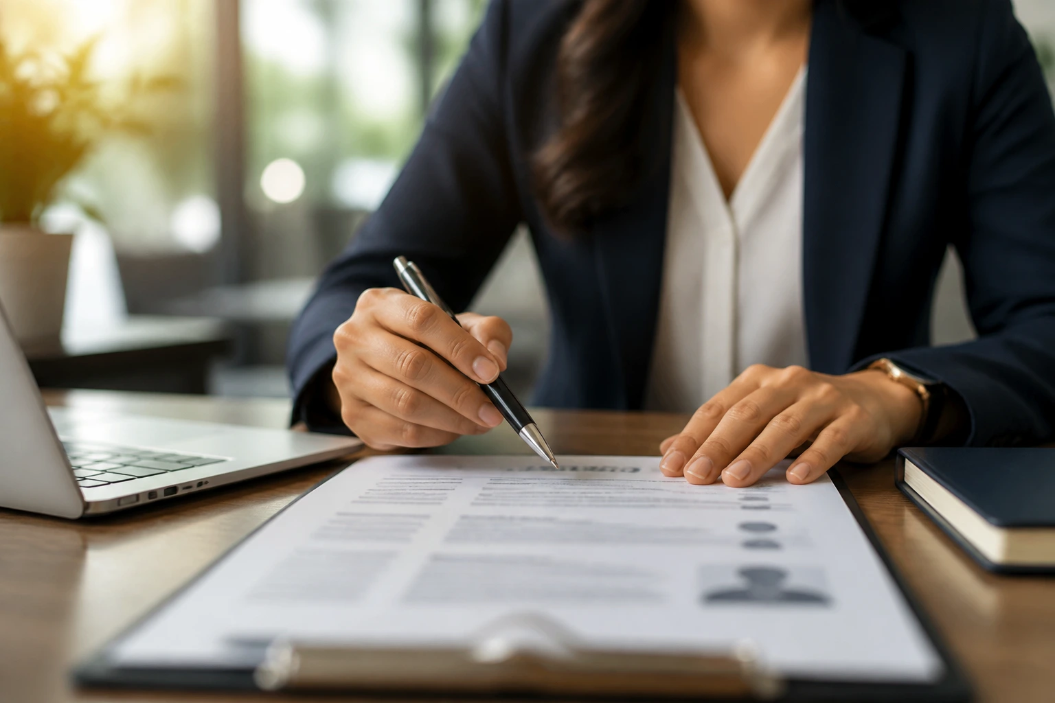 Close-up of a professional reviewing a resume without legible text