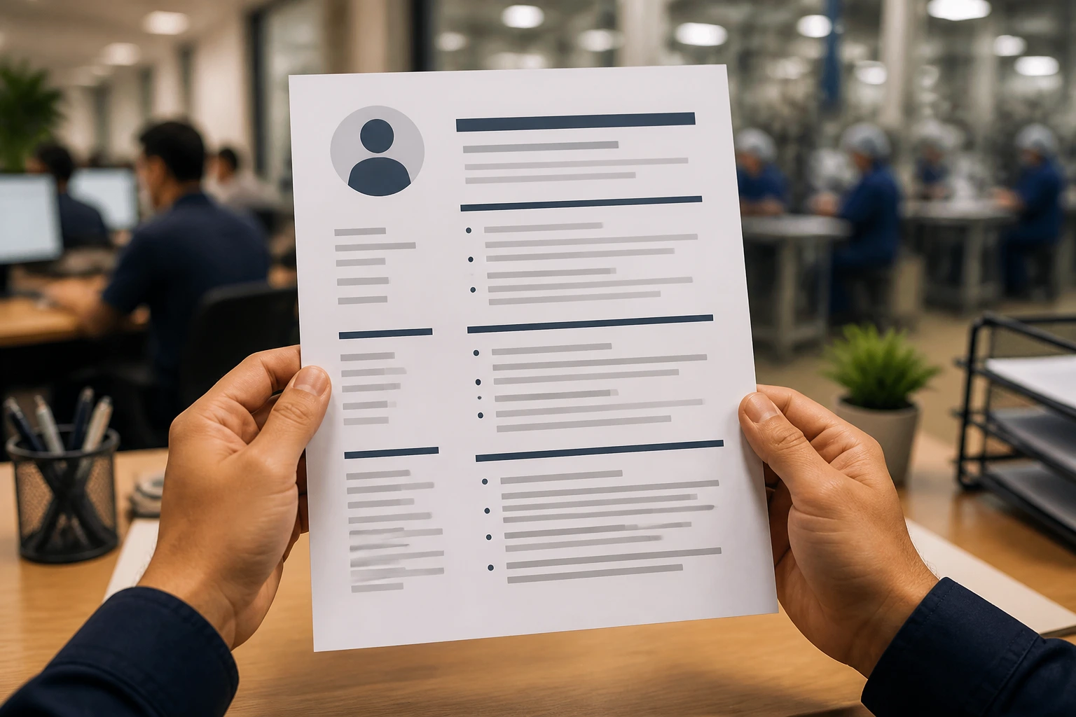 Hands holding a resume sheet with bullet lines visible but unreadable in an office setting