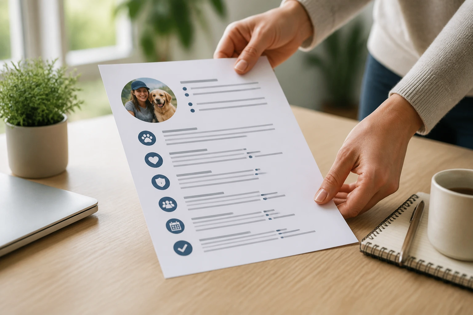 Hands arranging a resume sheet with icons on a desk