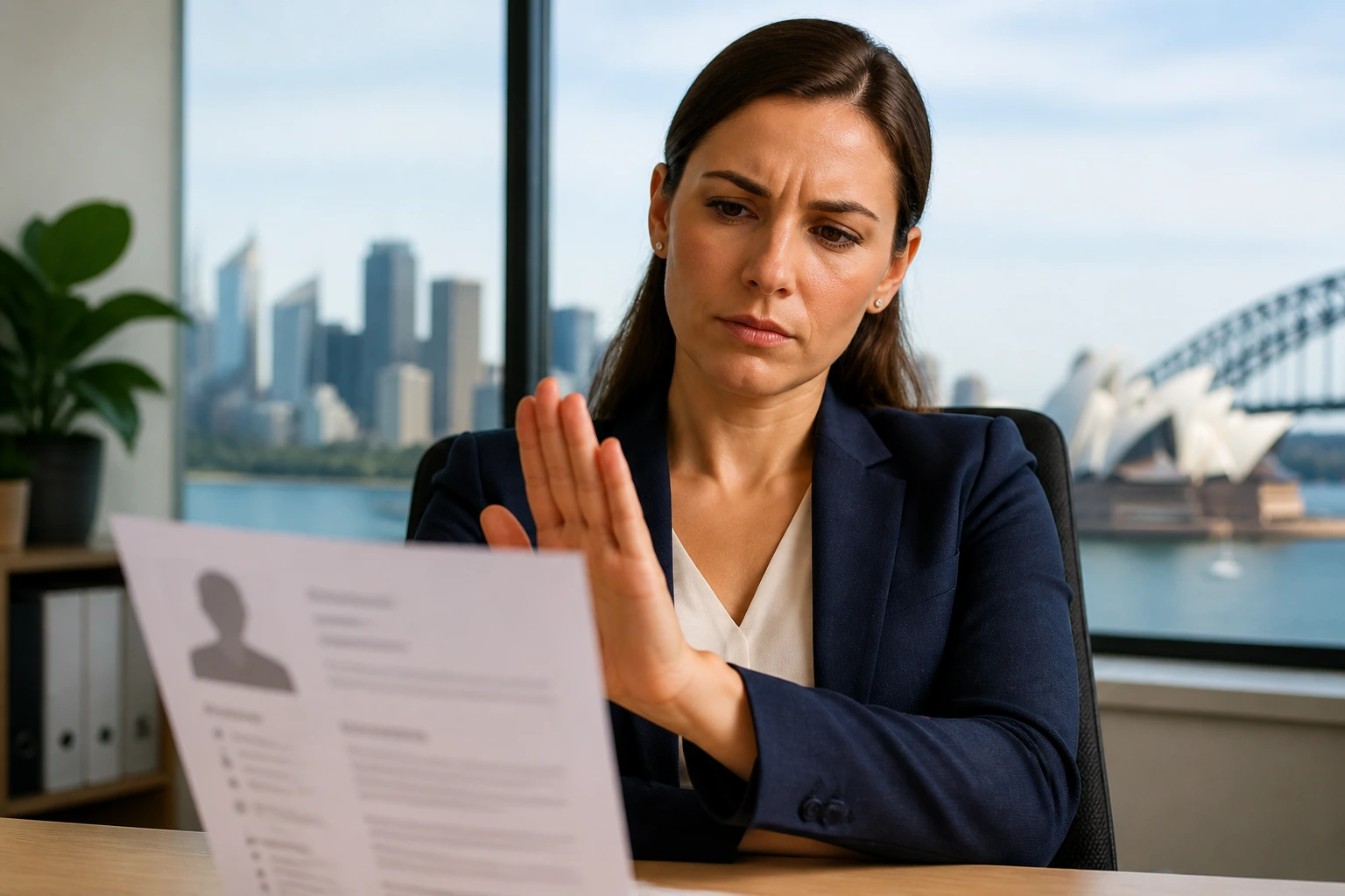 Professional evaluating a resume in a corporate setting