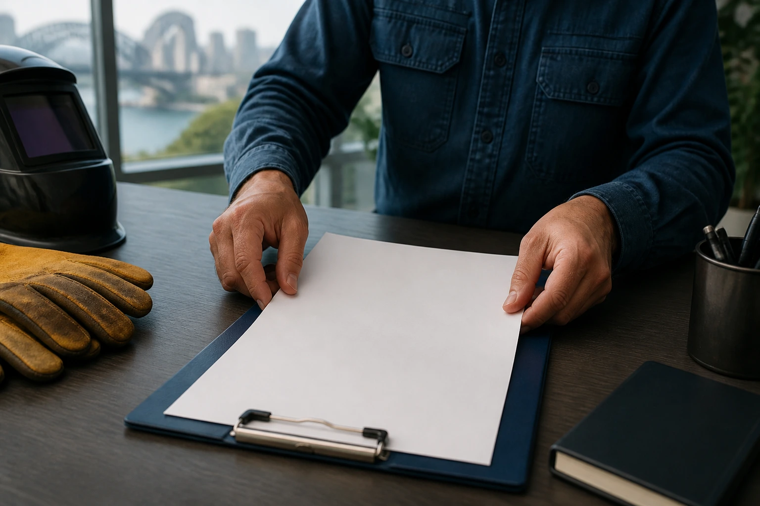 Close-up of a blank resume sheet being arranged on a desk by a professional