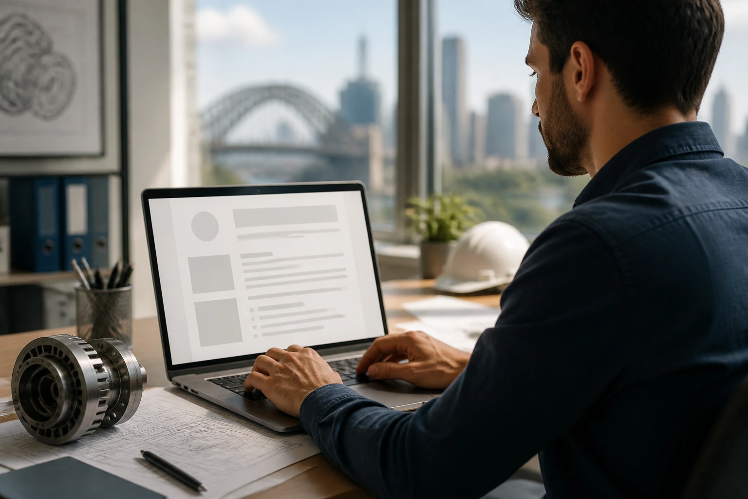 Engineer reviewing a resume outline on laptop screen with no text