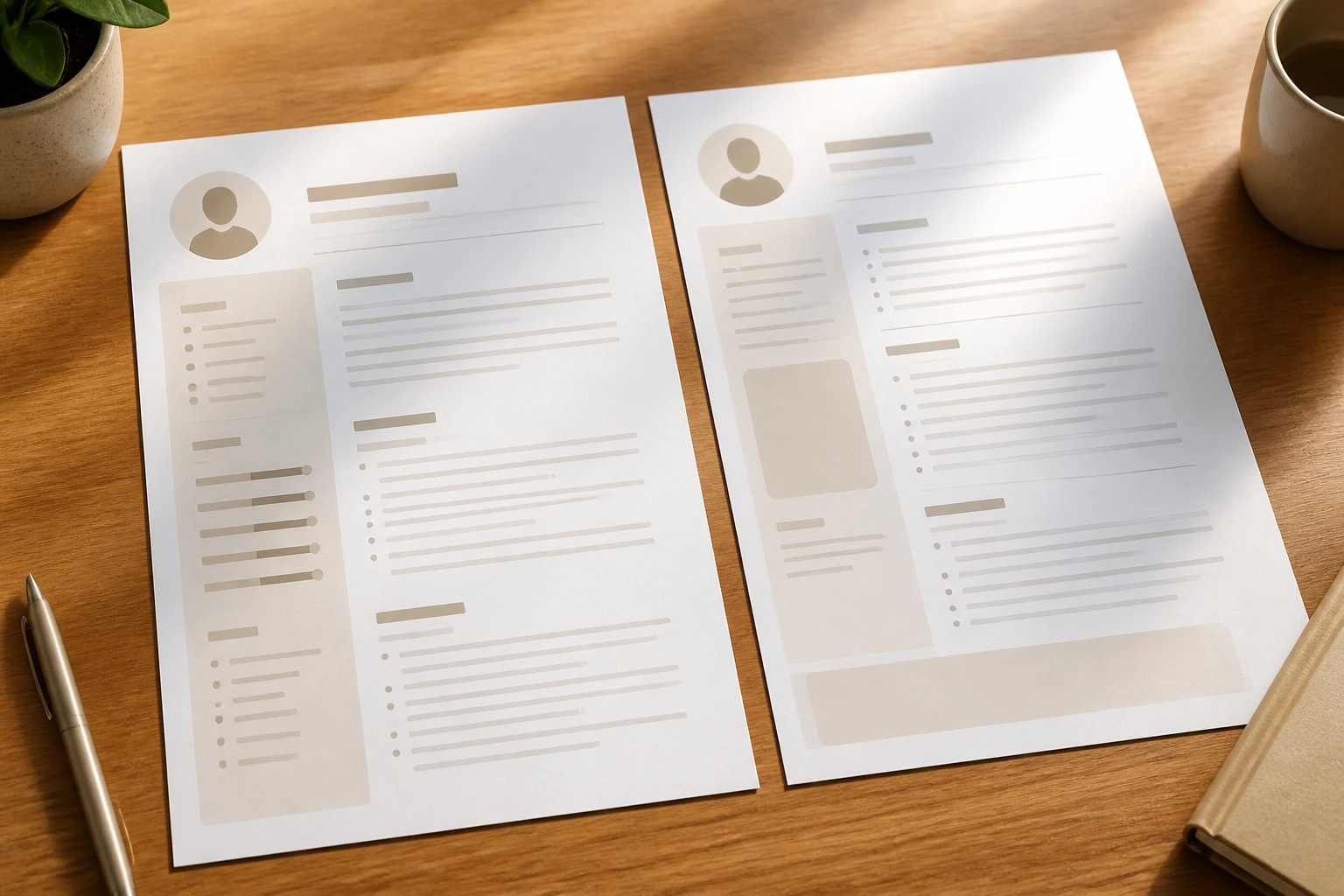 Close-up of a blank two-page resume on a desk with natural light