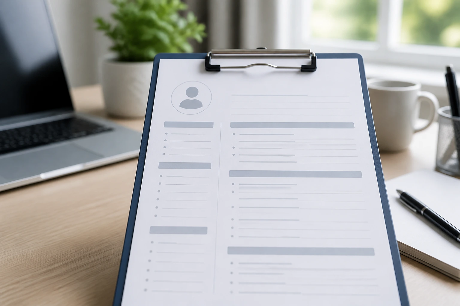 Close-up of a blank resume template on a clipboard in a bright office