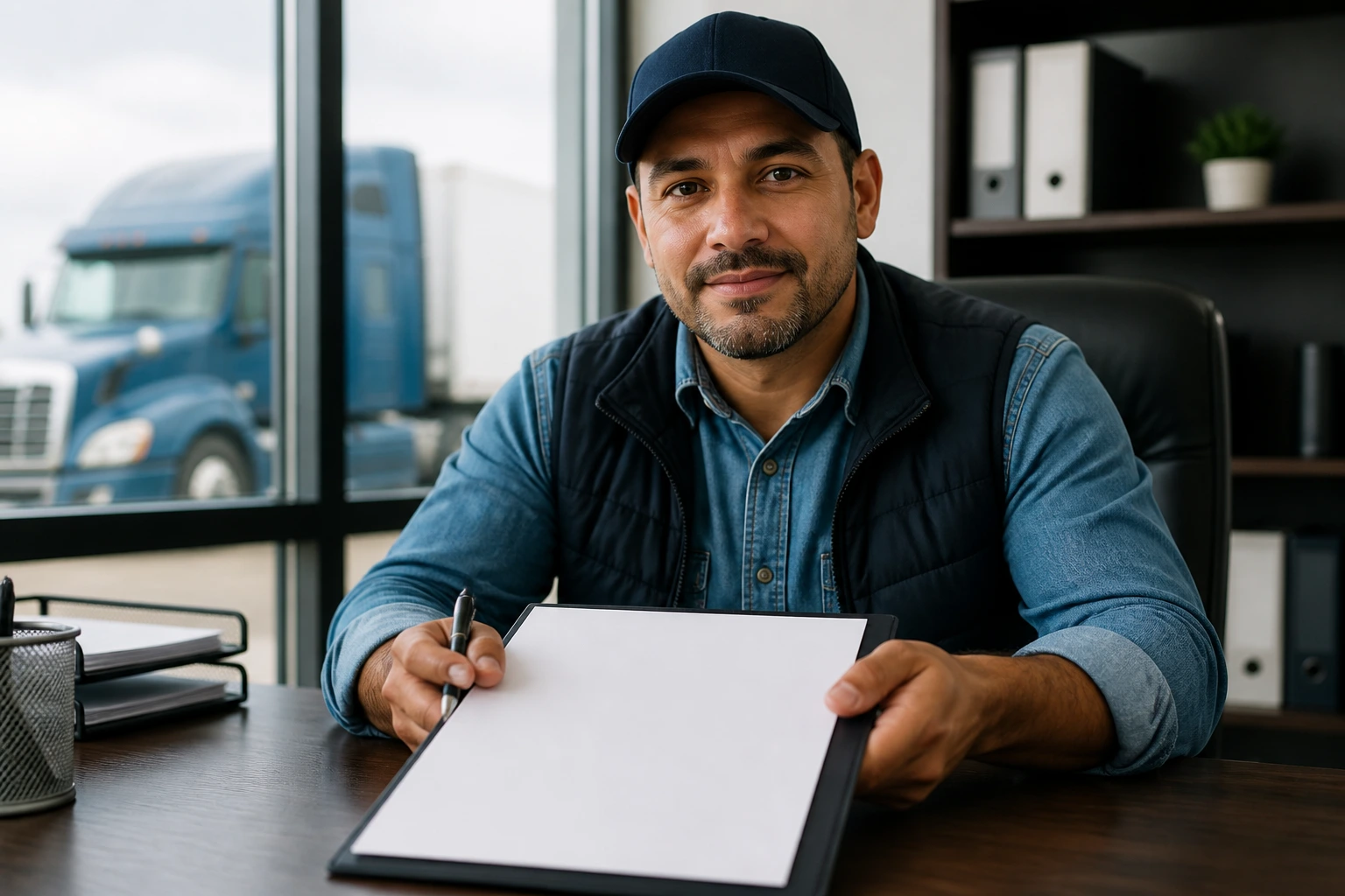 Portrait of a truck driver at a desk with a blank resume sheet