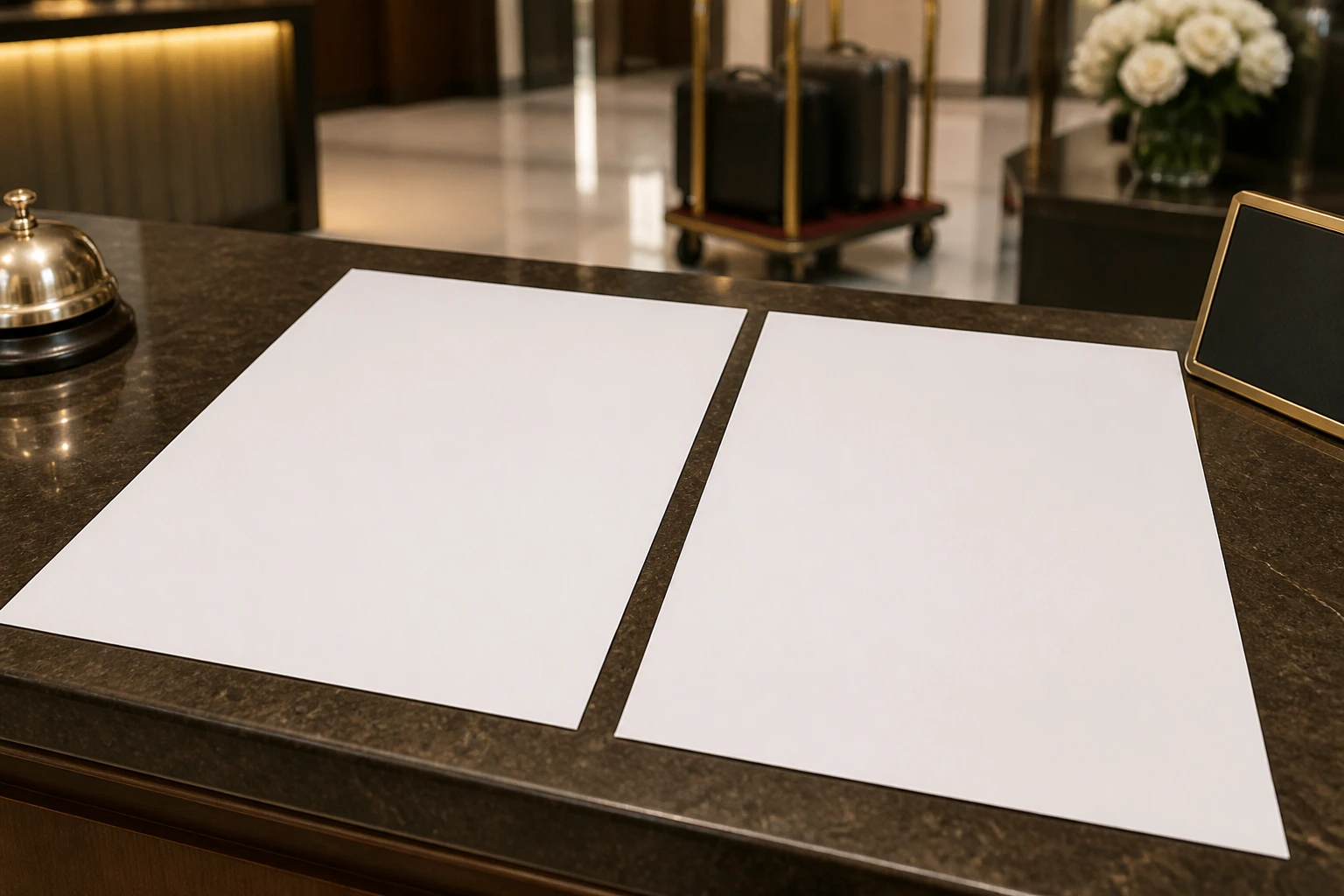 Two blank resume pages on front desk surface