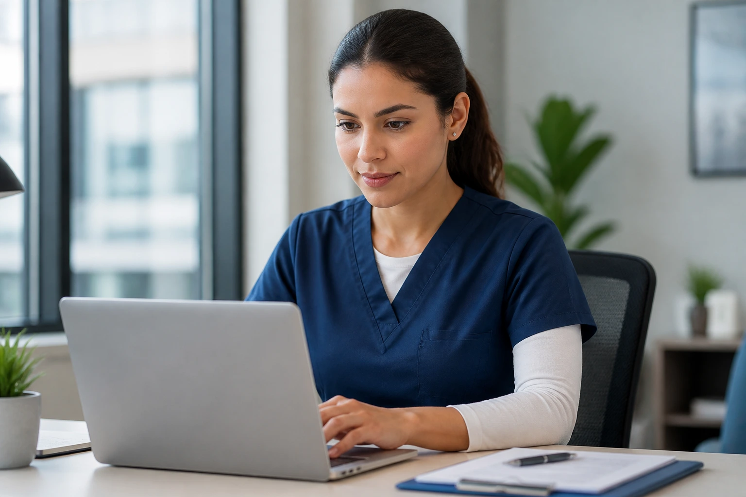 Professional at desk working on a laptop, emphasizing US-standard resume creation
