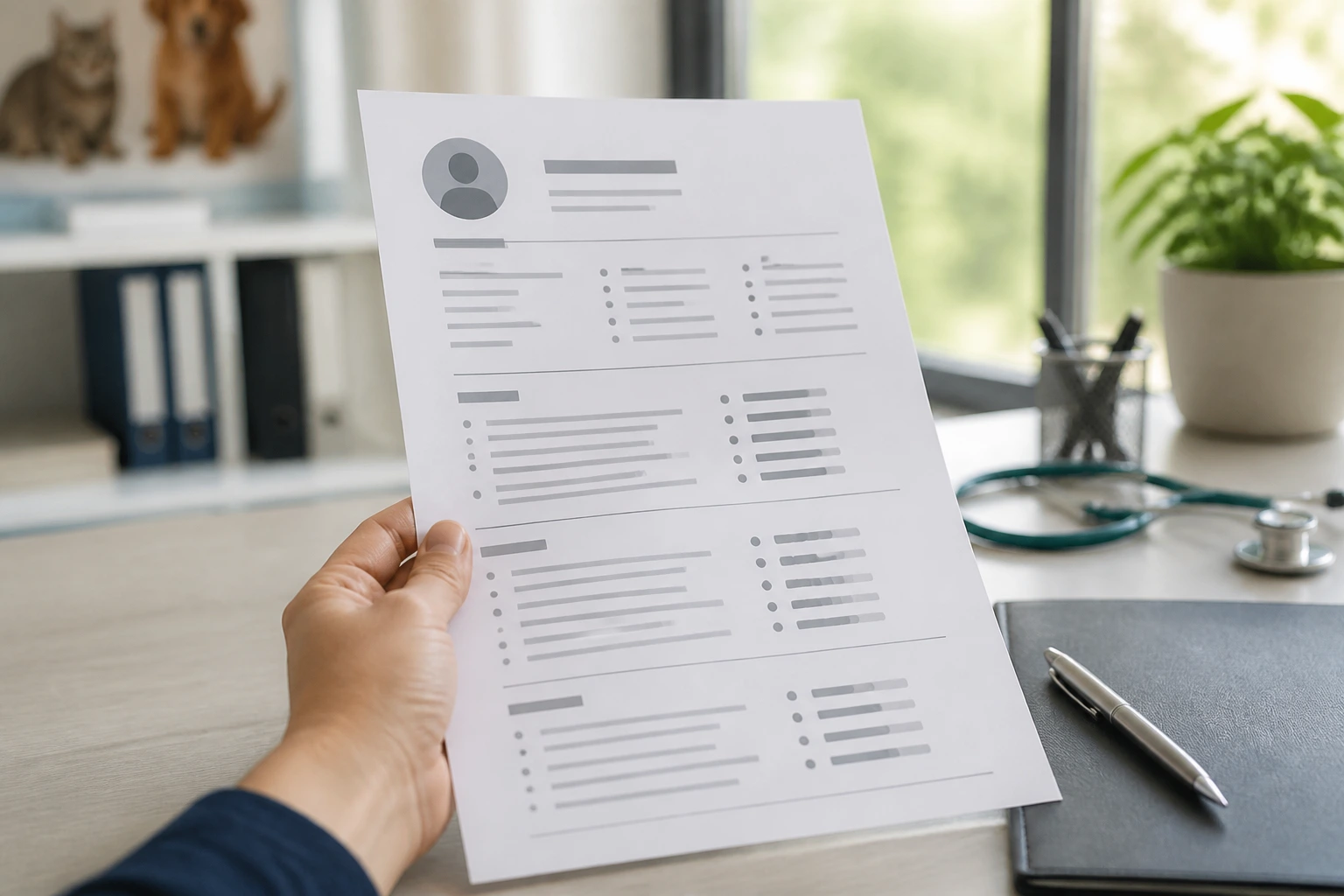 Hand presenting a concise resume on a desk with a soft-lit clinic setting.