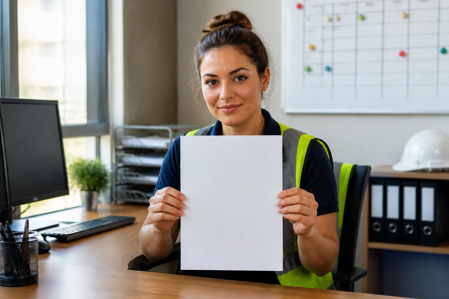 Person presenting a blank resume sheet at a tidy desk