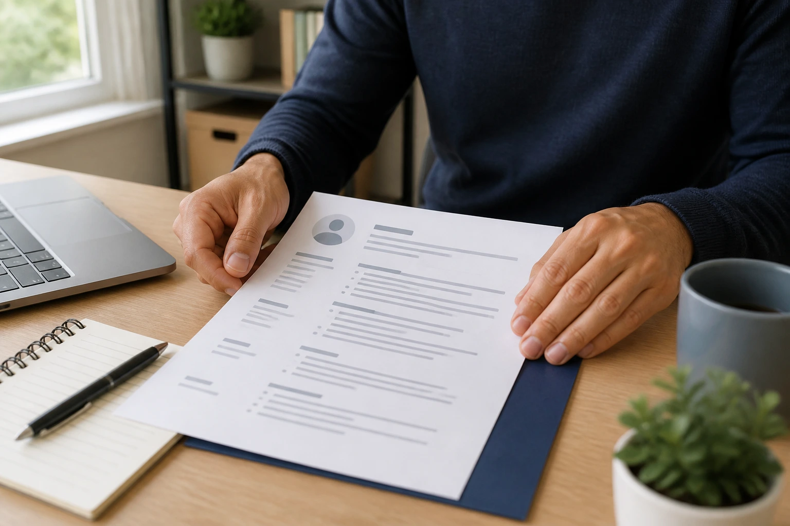 Medium close-up of hands arranging a resume on a desk with placeholder lines