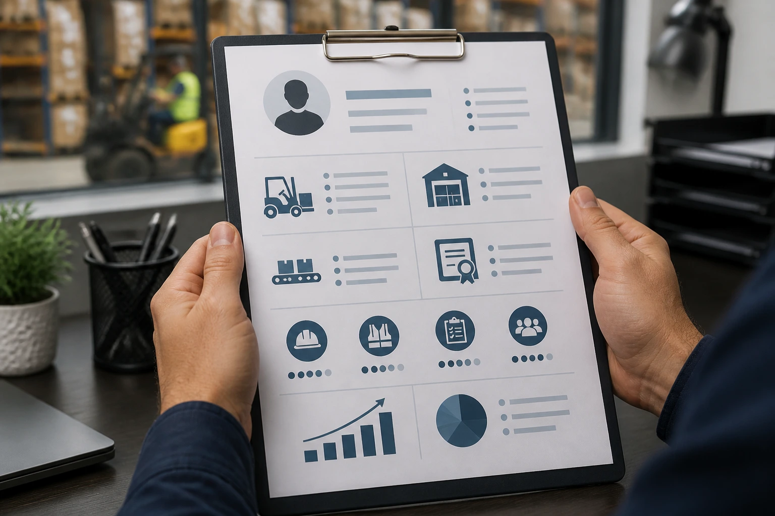 Hands presenting a resume with icon-based sections on a clipboard