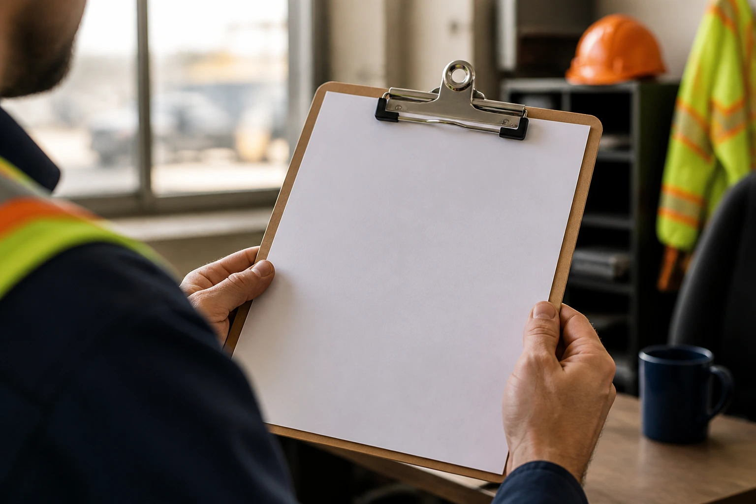 Person holding blank resume on clipboard for a waste job.