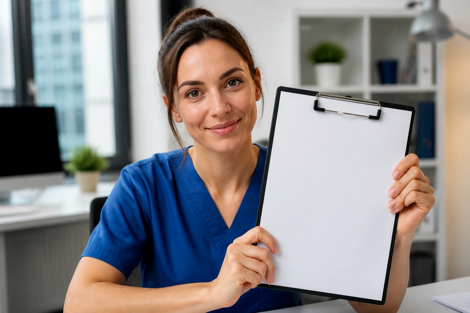 Professional evaluating a resume on a clipboard with a blank page