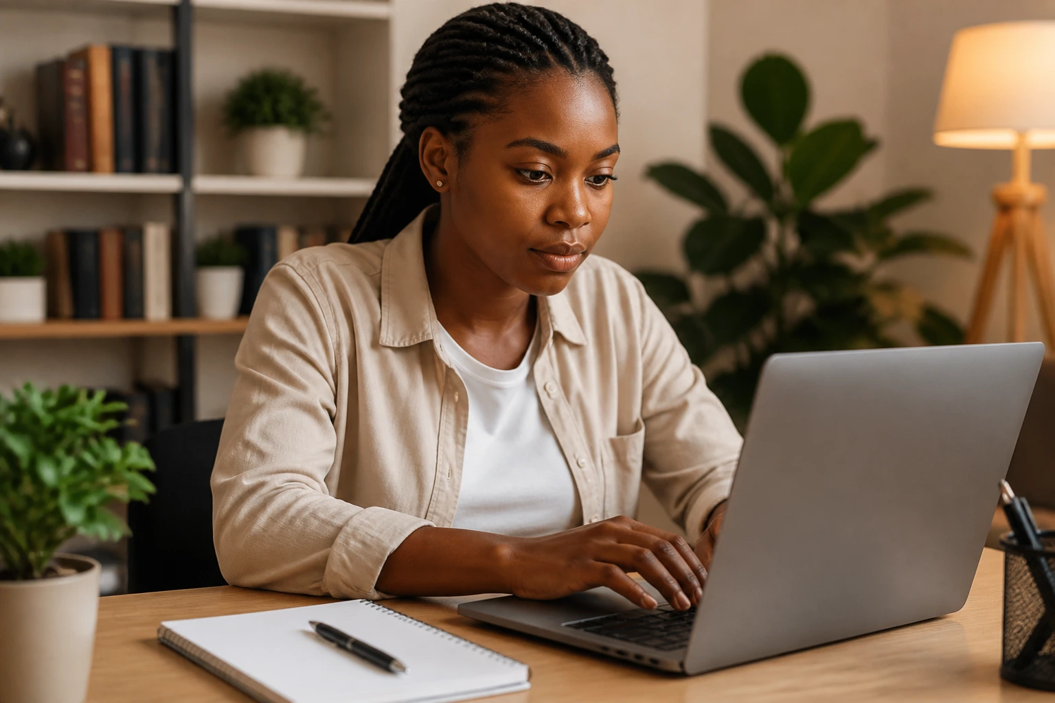 Person typing a concise resume draft on a laptop at a tidy desk.