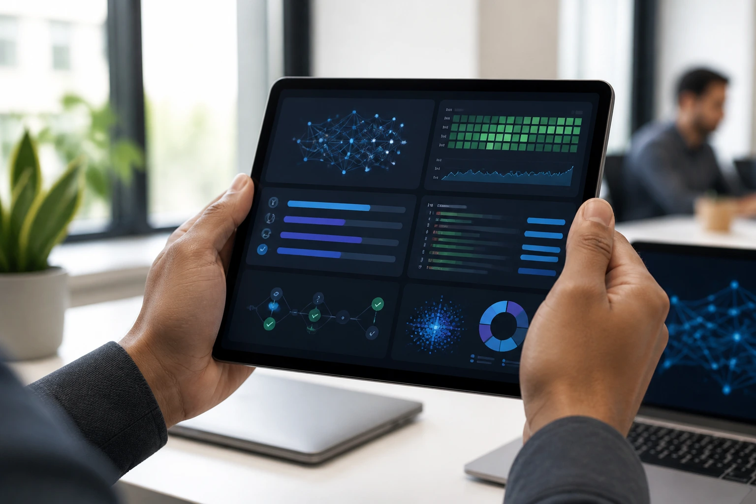 Close-up of hands holding a tablet showing abstract portfolio visuals in a bright office