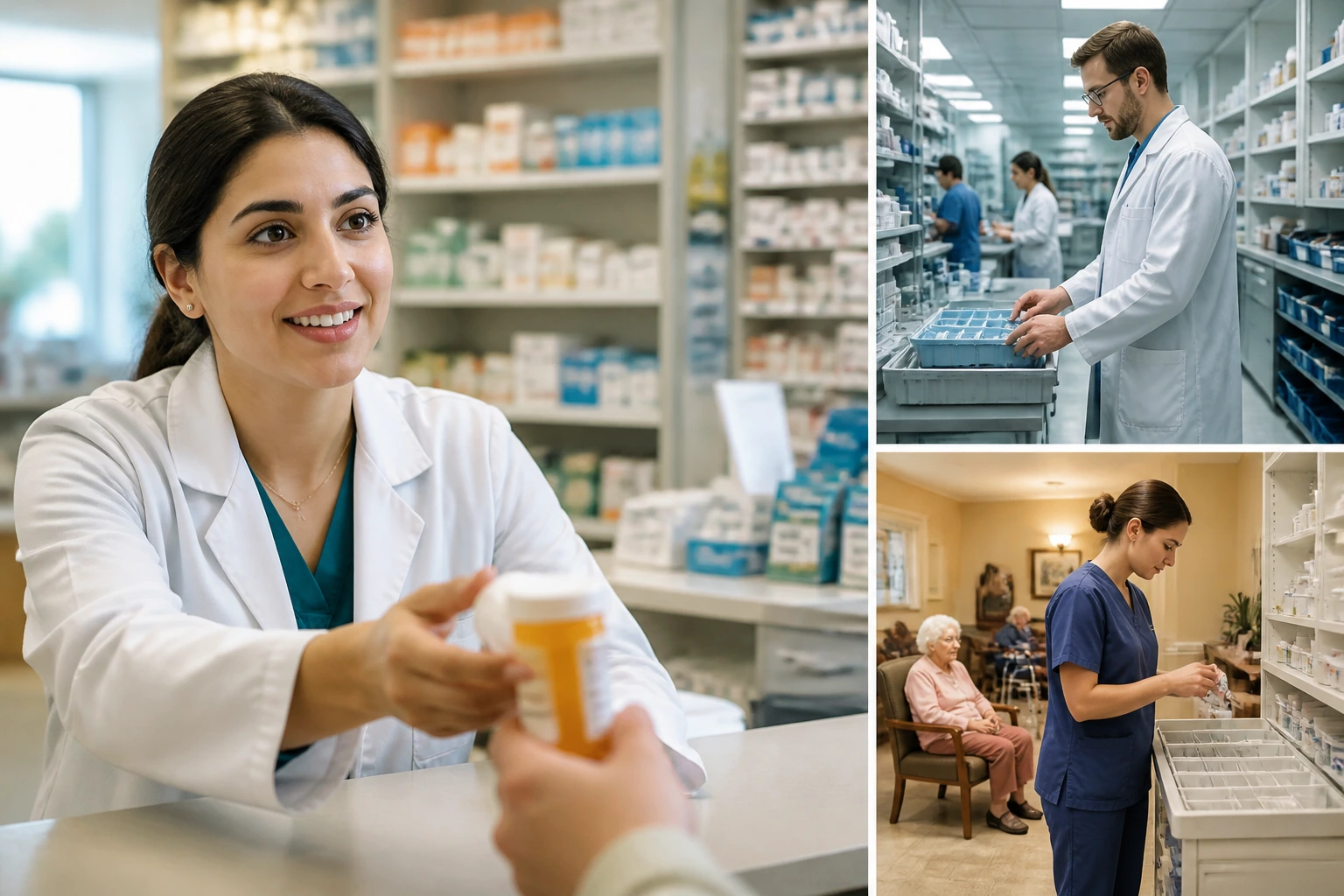 Close-up of a retail drugstore pharmacist assisting a customer at the counter