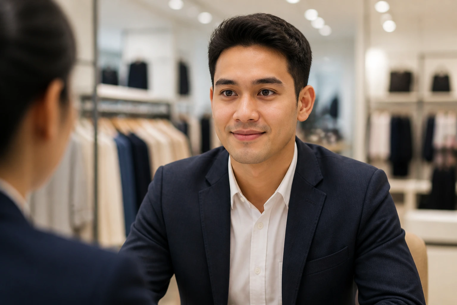 Candidate in an interview room, calm expression, with interviewer blurred in the background.