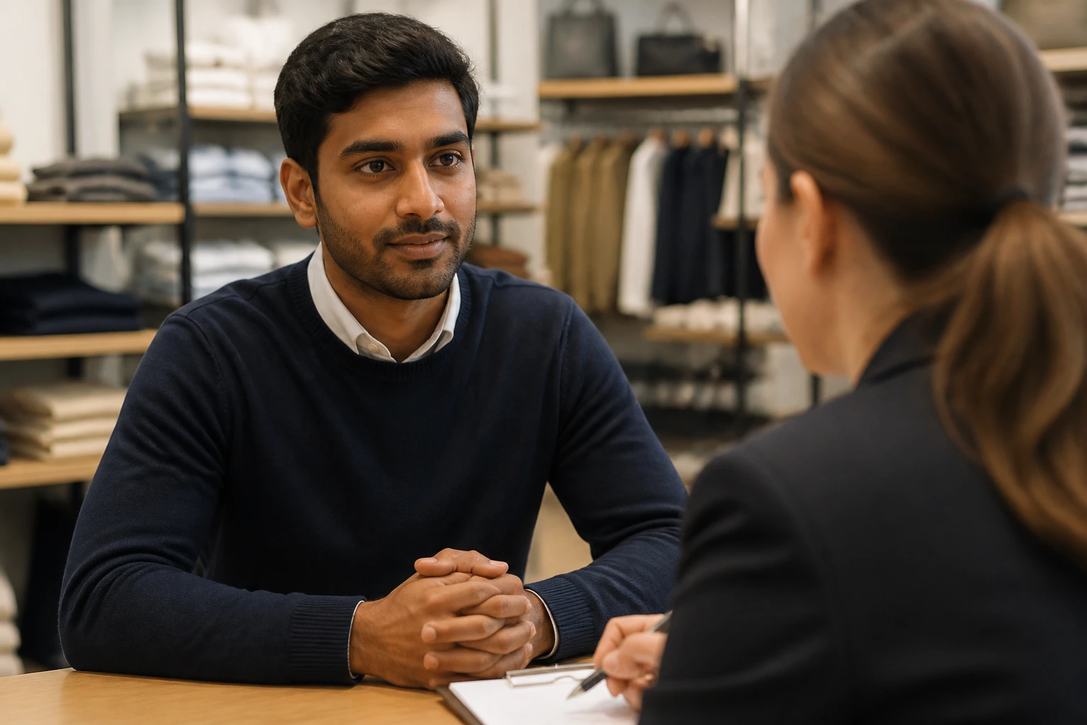 Portrait of a candidate in a store interview setting with a manager.