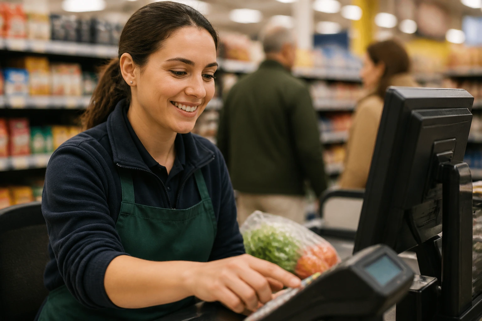Portrait of a real cashier at checkout in a UK supermarket, daily life after getting the job