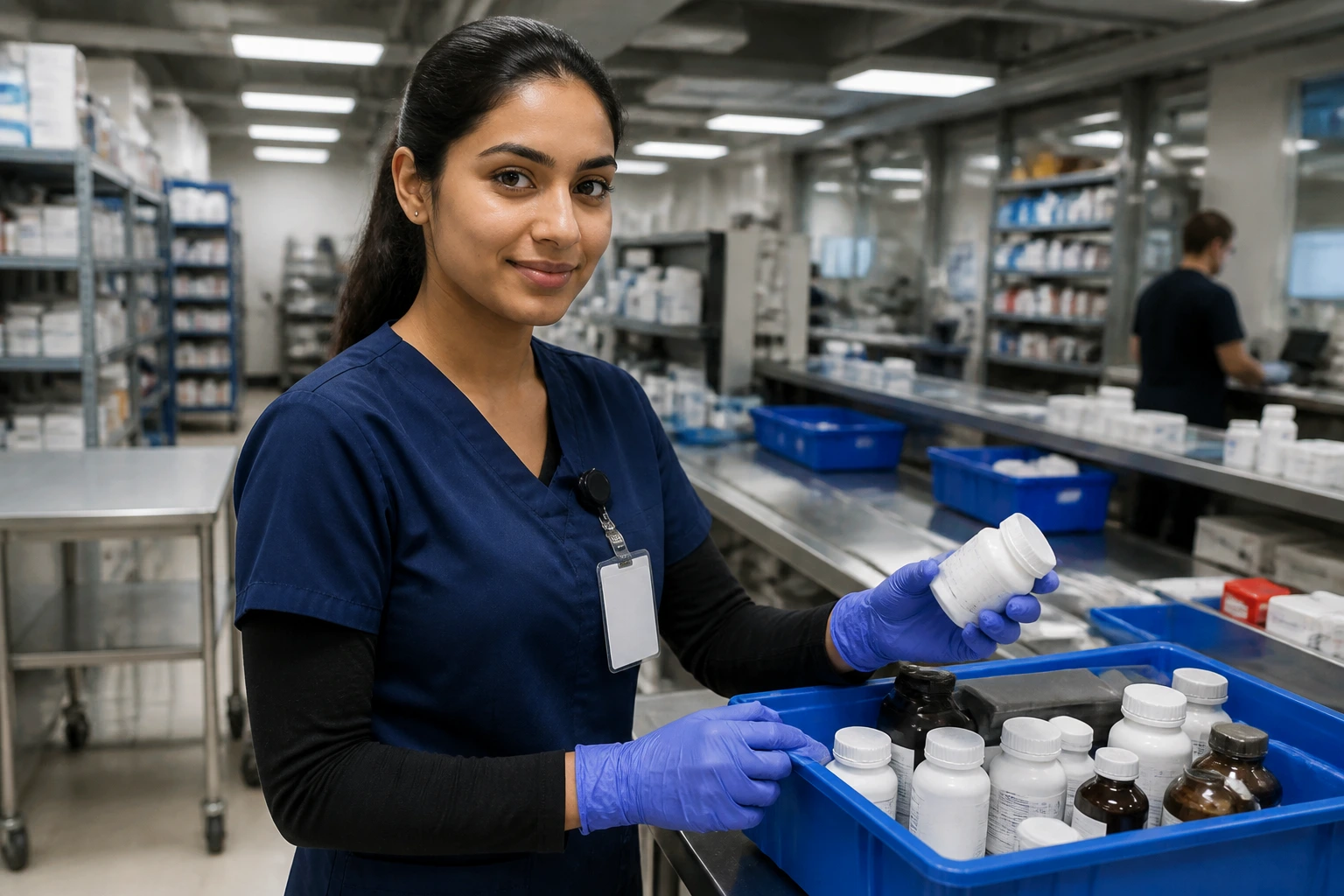 Pharmacy technician in hospital basement/central fill area with carts