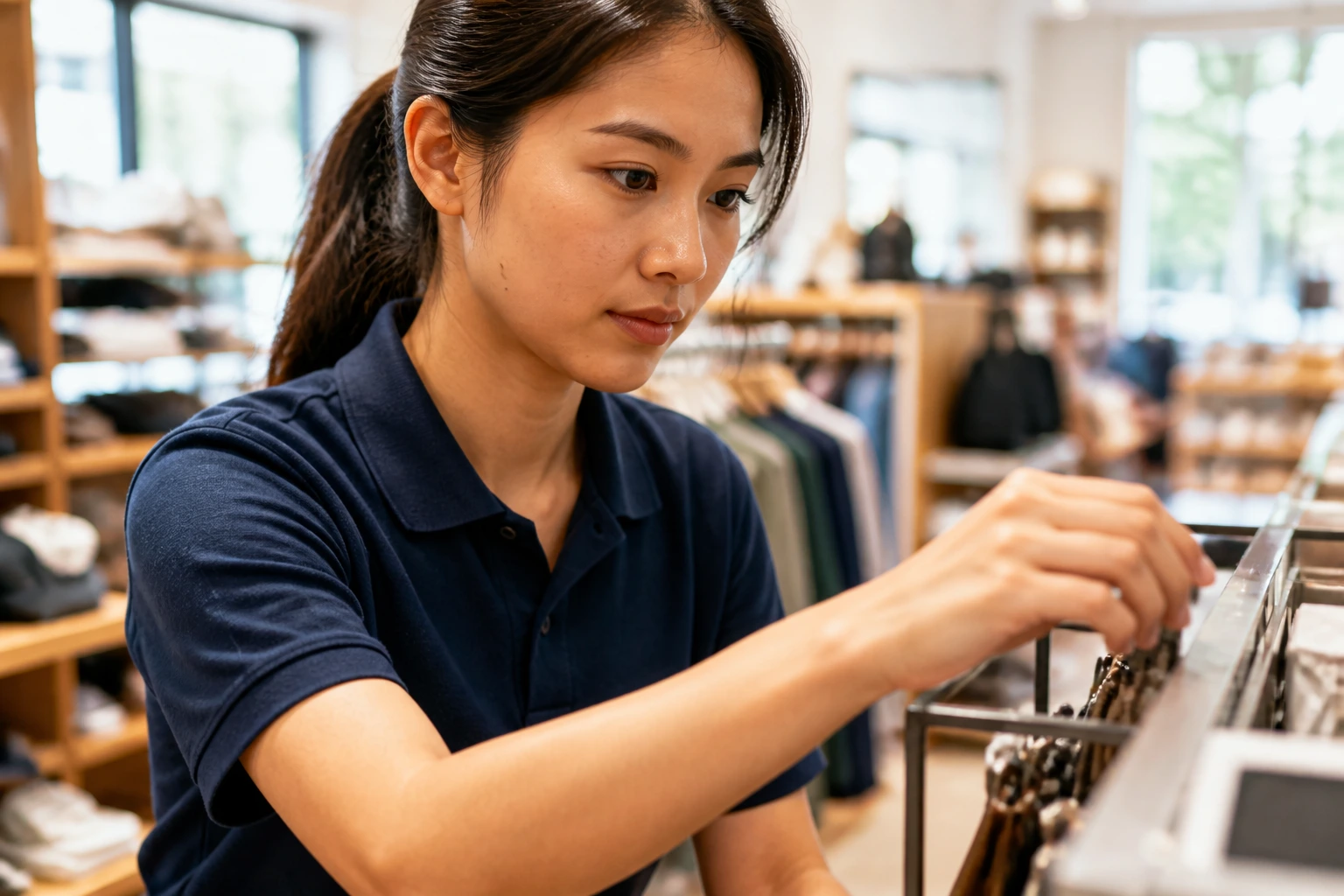 Close-up of a new retail employee onboarding on the shop floor, adjusting a display.