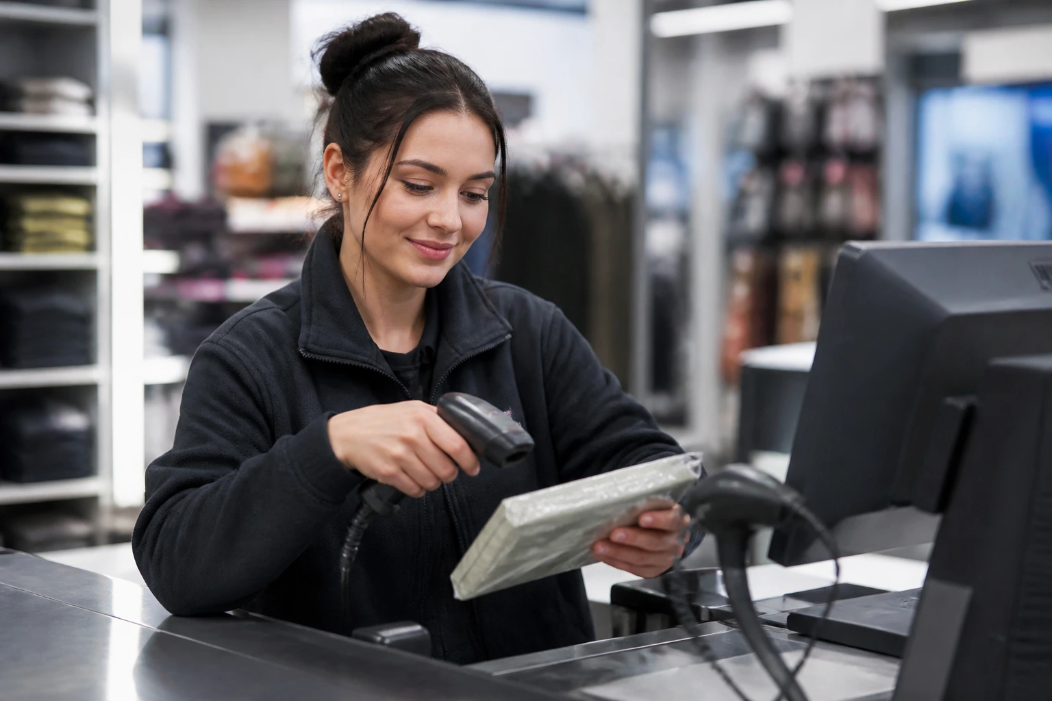 Close-up of a real UK retail sales assistant at a till on a shop floor