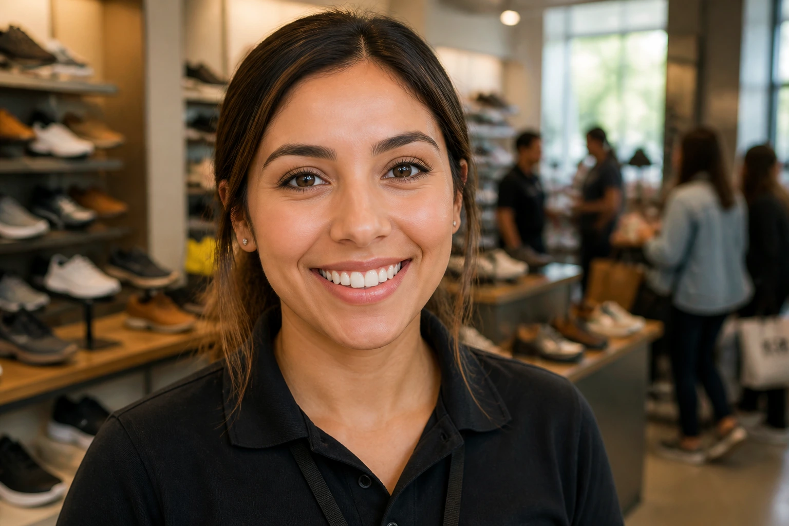 Close-up of a real retail sales associate in a shoe store, welcoming or assisting a customer with shelves in the background