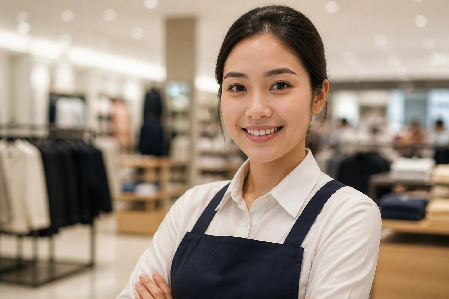Confident retail worker portrait highlighting key skills