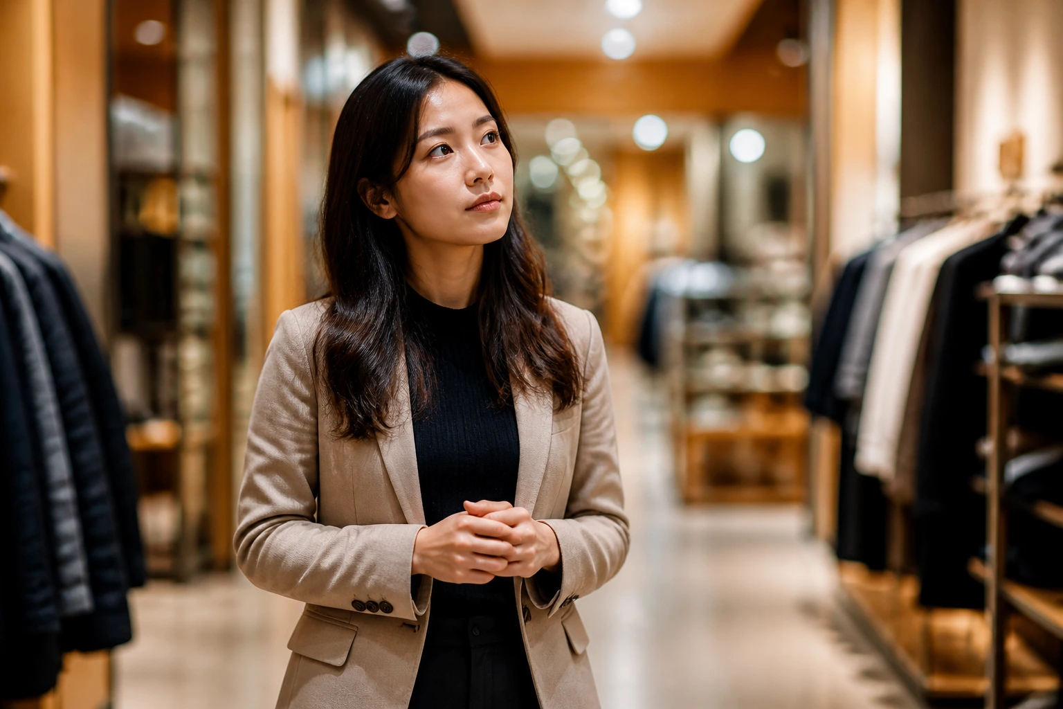 Job seeker considering alternative routes for retail sponsorship in a store corridor.