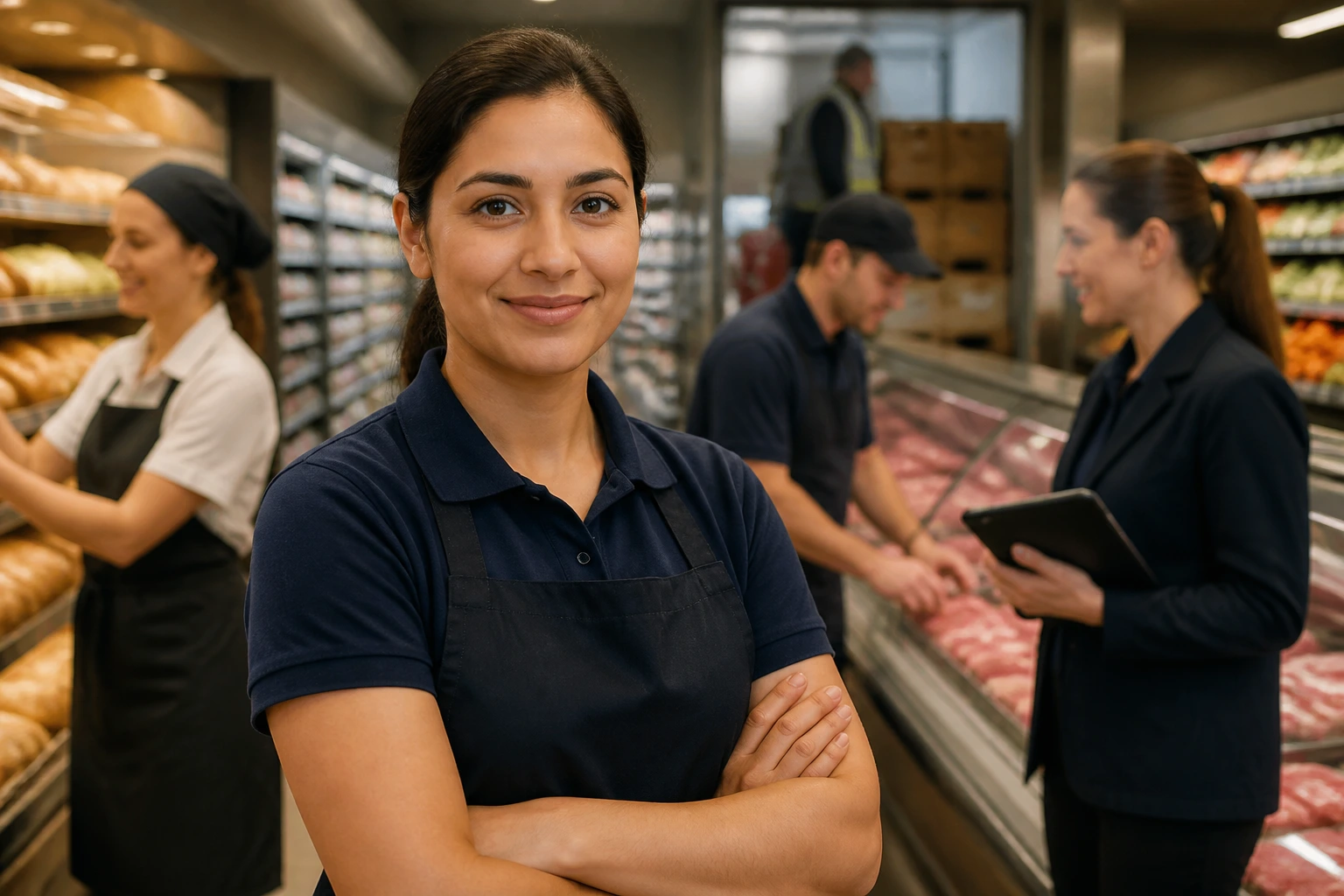 Portrait of a supermarket employee in a plain uniform in an aisle, representing upskilling roles for sponsorship.