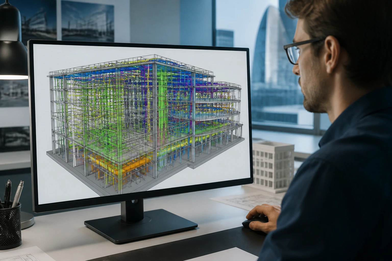 Architect working with a BIM model on screen, highlighting Revit proficiency