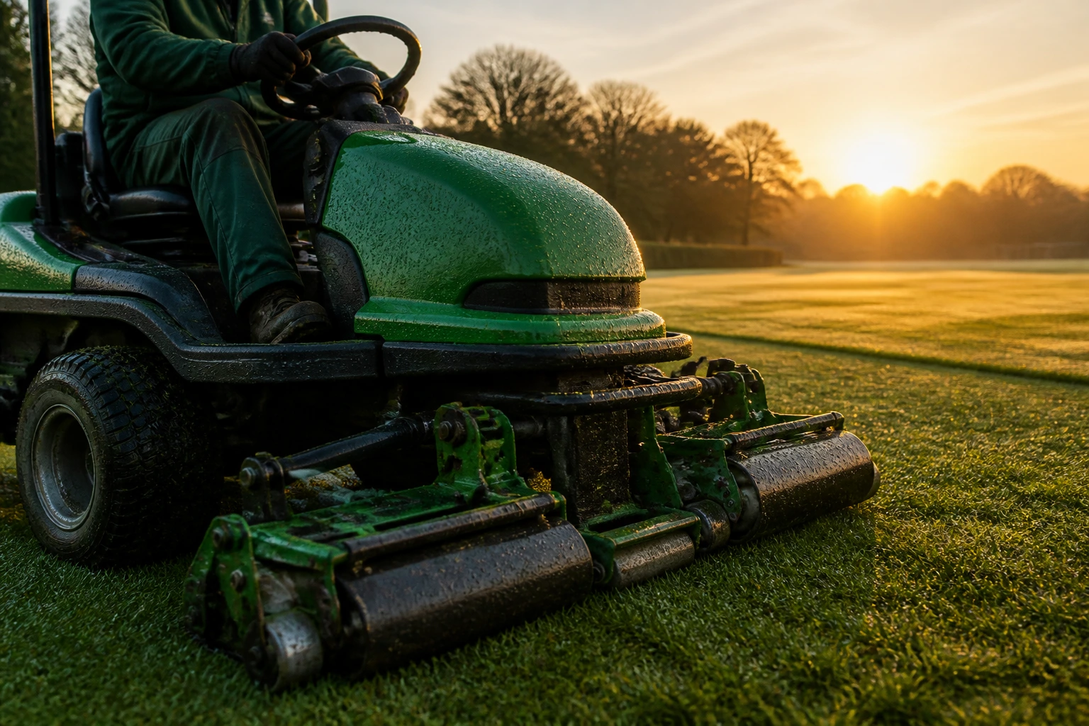 Close-up of a ride-on mower on a dew-damp sports field at dawn