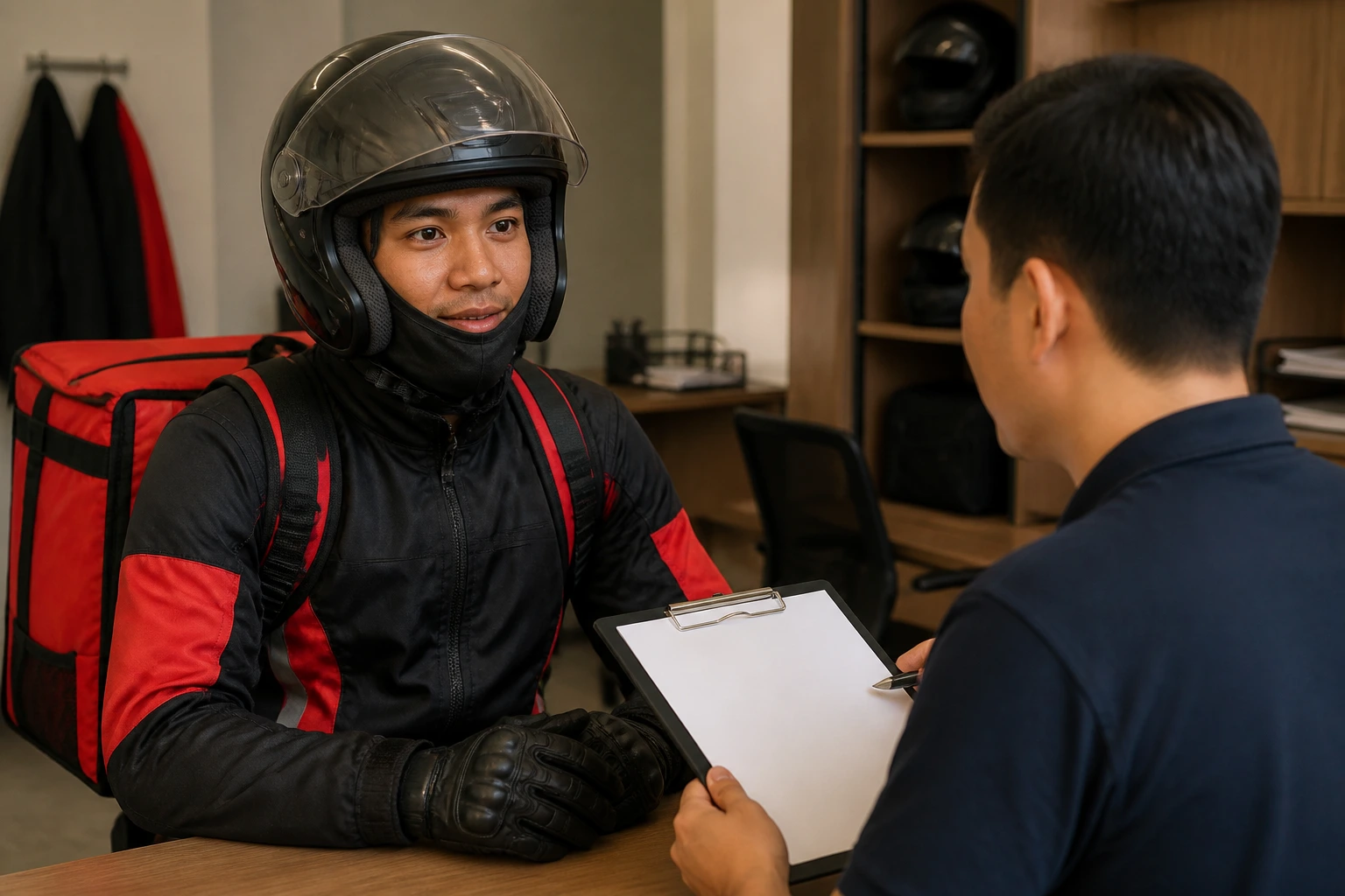 Rider in gear conversing with a manager during an interview/trial shift.