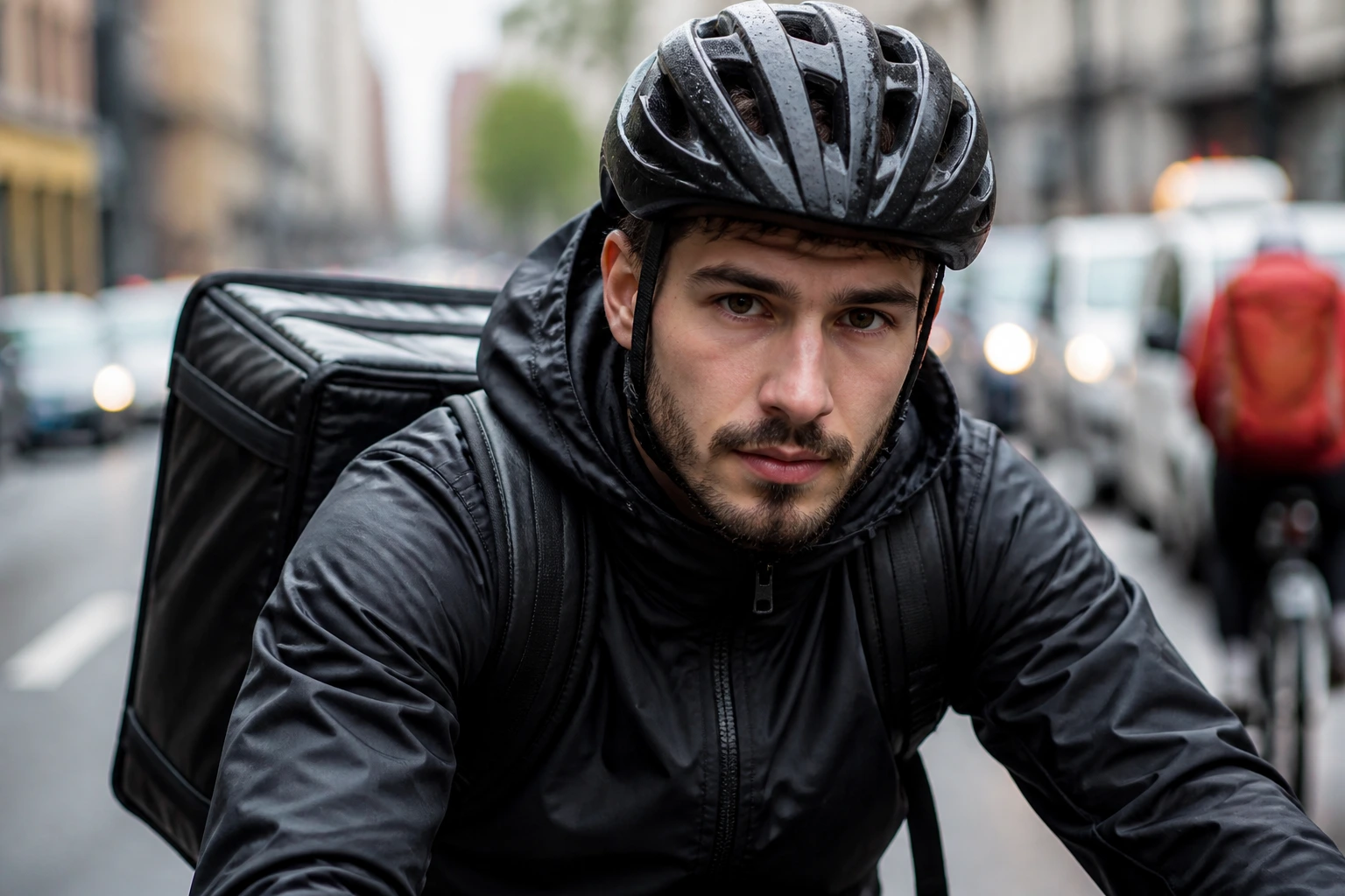 Close-up portrait of a rider in cycling gear looking confident