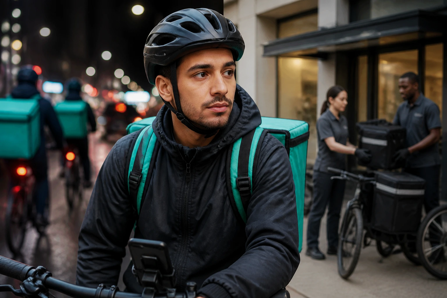 Portrait of a bicycle rider with a moody urban background hinting at different work arrangements