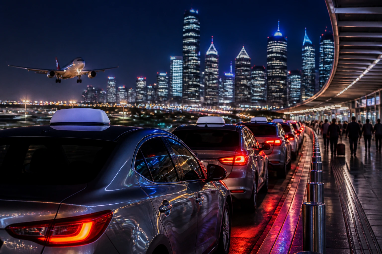 Night street scene in an Australian city showing rideshare activity and car queues.
