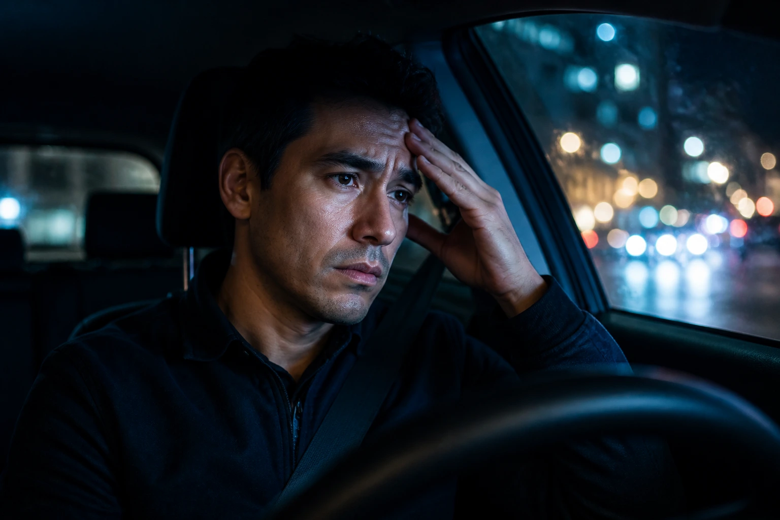 Tired driver in a car at night, contemplating the risks of rideshare work