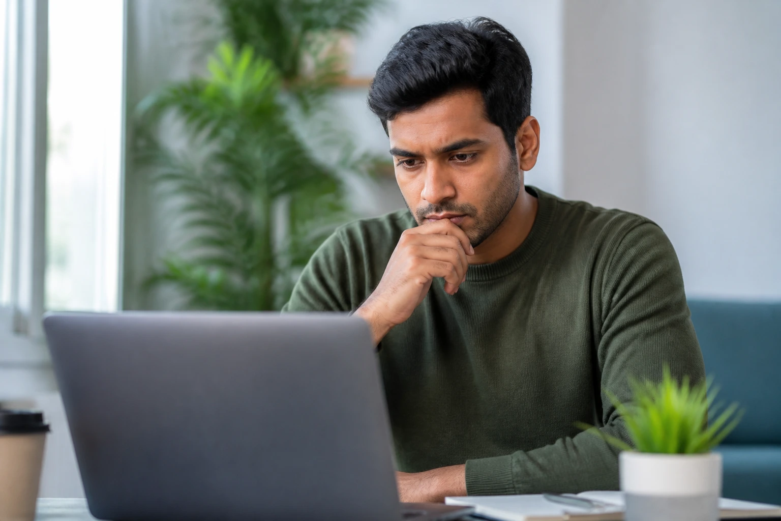 Real person at desk looking at a laptop in a bright home office