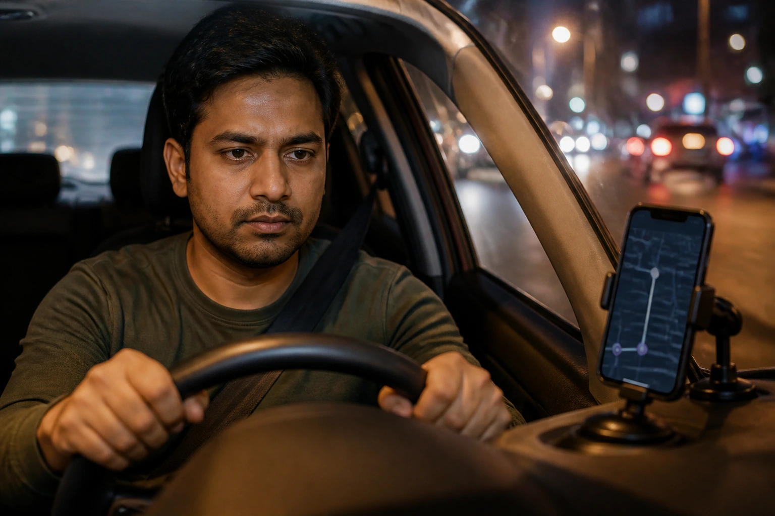 Close-up of a rideshare driver in a car with a text-free smartphone interface, urban night street scene.