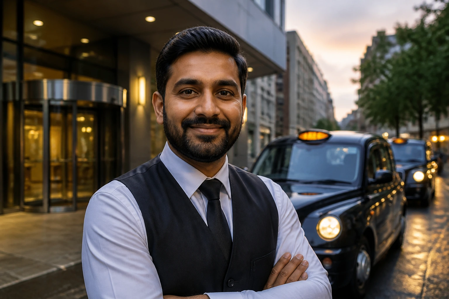 Portrait of a confident UK taxi driver with confirmed right-to-work status in an urban street setting.