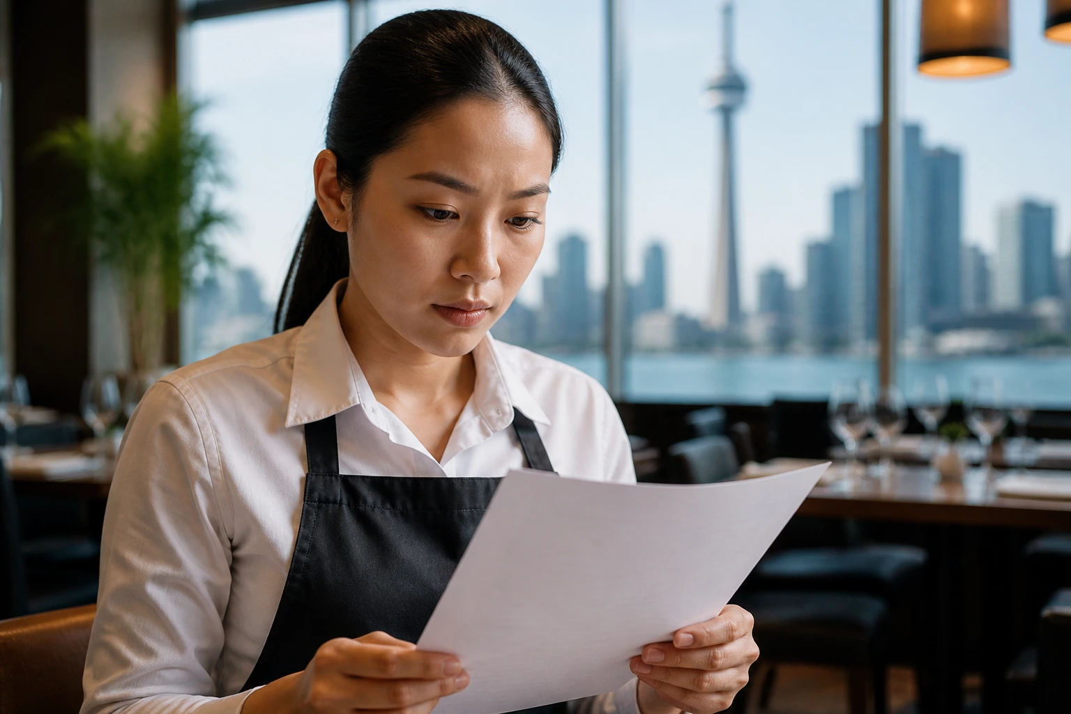 Focused worker reviewing a contract in a modern workplace