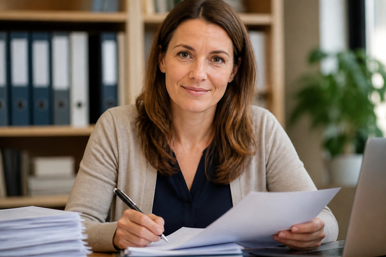 Close-up of a teacher in a quiet office, representing understanding of rights and contracts