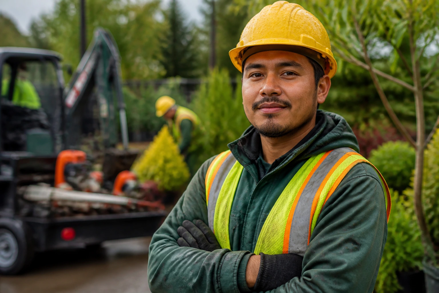 Close-up portrait of a gardener in safety gear in a Canadian landscaping yard
