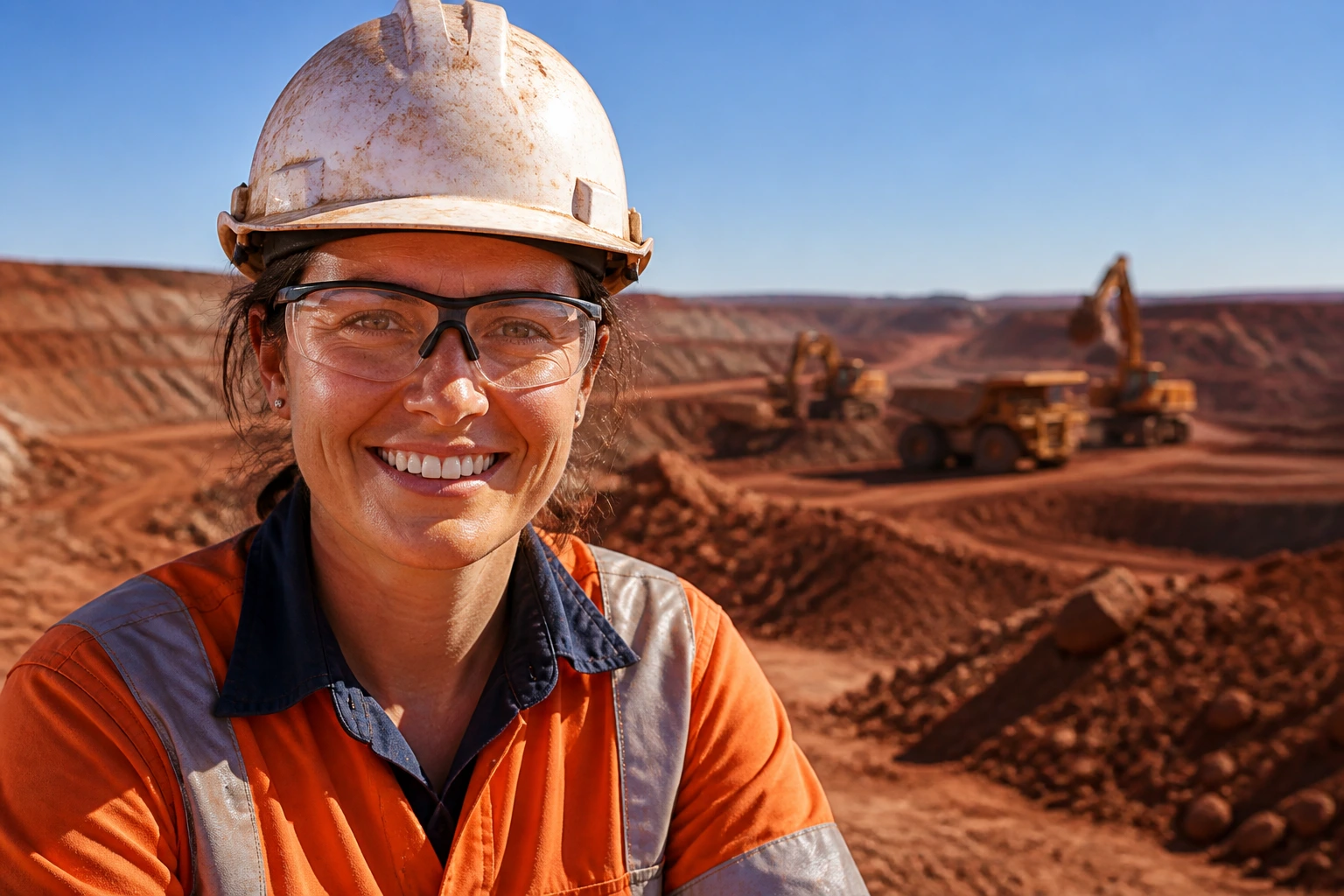 Close-up portrait of a mining engineer at a remote Pilbara site wearing hard hat and PPE